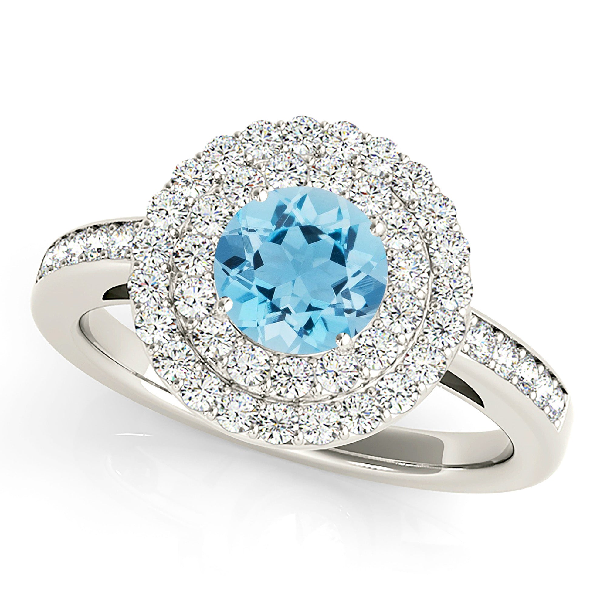 1.10 ct. Genuine Aquamarine Ring With 0.70 ctw. Diamond Double Row Halo And Delicate Diamond Band | Round Blue Aquamarine Halo Ring-VIRABYANI